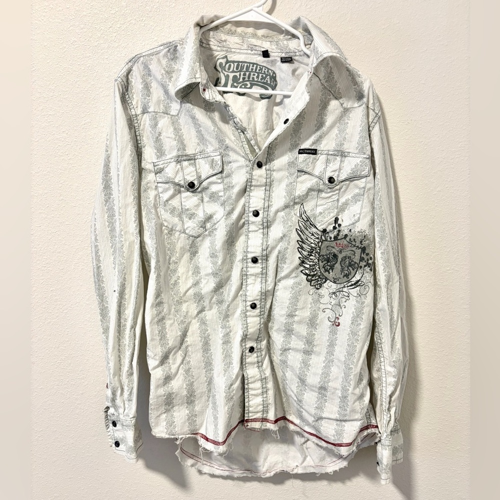 Southern Thread Mens Medium Western Pearl Snap Shirt Embroidered Raw Hem Winged